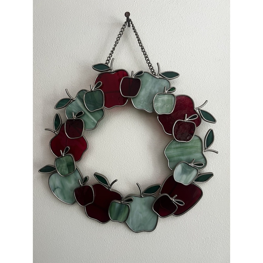 Stained Glass Wreath Chain For Hanging Apples Red Green Fall Teacher Sun Catcher - Picture 1 of 8